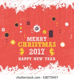 2017 Happy New Year Celebration. Greeting Card Design, Vector Hanging Christmas Elements Red Colors Background or Flyer, Poster, Website Banner Template. Sketch Style Postcard Design