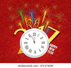 2017 Happy New Year with clock and fireworks background