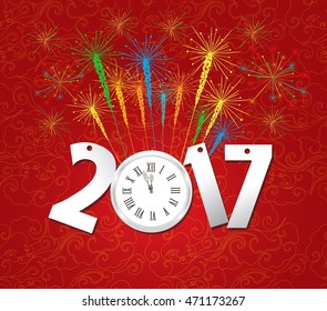 2017 Happy New Year with clock and fireworks background