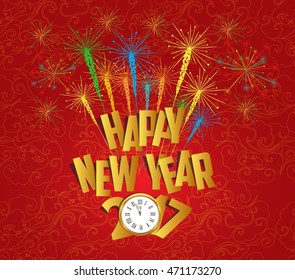 2017 Happy New Year with clock and fireworks background