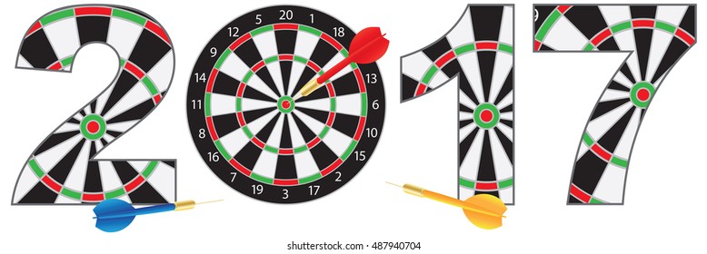2017 Happy New Year Dartboard with Darts on Hitting Target Bullseye Numerals Outline vector Illustration Isolated on White Background - Powered by Shutterstock - Get 15% off with code: PIKWIZARD15