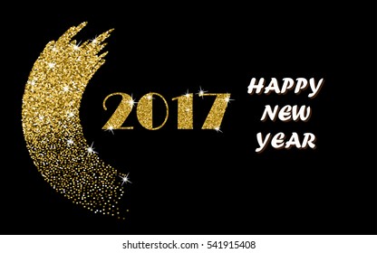 2017 Happy New Year Gold Vector Design with Glitter Stroke Brush on a Black Background. Golden Glitter New Year Poster, Flyer, Banner, Web, Header.