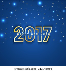 2017 Happy New Year greeting card with stars and spot lights on blue background.