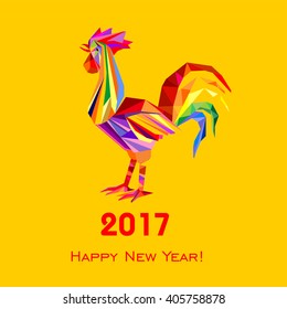 2017 Happy New Year greeting card. Celebration yellow background with Rooster and place for your text. 2017 Chinese New Year of the Rooster. Vector Illustration