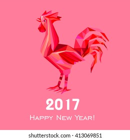 2017 Happy New Year greeting card. Celebration pink background with red Rooster and place for your text. 2017 Chinese New Year of the red Rooster. Vector Illustration