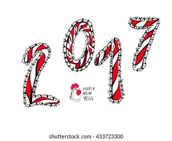 2017 Happy New Year greeting card. Celebration white background with Rooster and place for your text.  Chinese New Year of the Rooster. Vector Illustration. doodling