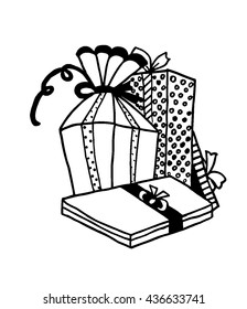 2017 Happy New Year greeting card. Cute doodle engraved Christmas gifts. Vector doodle, illustration with presents, gifts hand drawn on white background, coloring gifts.