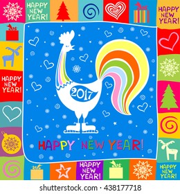 2017 Happy New Year greeting card. Celebration background with Rooster and place for your text. 2017 Chinese New Year of the Rooster. Vector Illustration