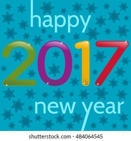 2017 Happy New Year greeting card. Multicolor numbers on a blue background with snowflakes.
