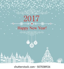 2017 Happy New Year greeting card. Celebration  background with Christmas Landscape, Christmas balls, Christmas tree and place for your text. Vector Illustration