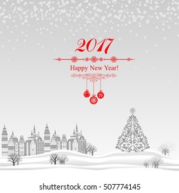 2017 Happy New Year greeting card. Celebration background with Christmas Landscape. Vector Illustration