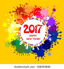 2017 Happy New Year greeting card isolated on yellow background. Vector illustration