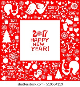 2017 Happy New Year greeting card. Winter holiday pattern. Celebration background with Christmas tree, Christmas balls, Rooster, star and place for your text. Vector Illustration vector illustration