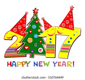 2017 Happy New Year greeting card. Celebration white background with Christmas tree, cheerful figures and place for your text.  Vector illustration