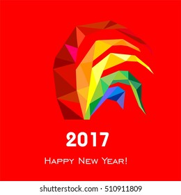 2017 Happy New Year greeting card. Celebration red background with Rooster and place for your text. Vector Illustration