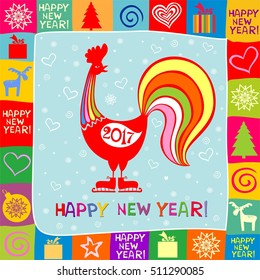 2017 Happy New Year greeting card. Celebration background with red Rooster and place for your text.  Vector Illustration