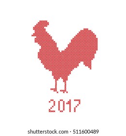 2017 Happy New Year greeting card.Vector illustration of rooster, symbol of 2017 on the Chinese calendar. Silhouette of red cock in embroidery style . Vector element for New Year's design. 
