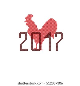 2017 Happy New Year greeting card.Vector illustration of rooster, symbol of 2017 on the Chinese calendar. Silhouette of red cock in embroidery style . Vector element for New Year's design. 