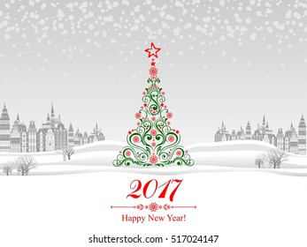 2017 Happy New Year greeting card. Celebration background with Christmas Landscape, Christmas balls, Christmas tree and place for your text. Vector Illustration