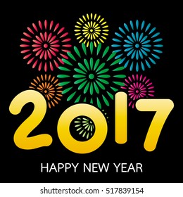 2017 Happy New Year greeting card with fireworks colorful celebration on black background, vector eps 10