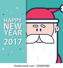 2017 Happy New Year greeting card with Santa Claus. Flat design vector illustration.