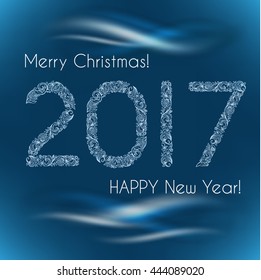 2017 Happy new year, merry Christmas! Patterned numbers. Floral, subtle, linear pattern and a translucent haze on the dark blue background. Template for printing greetings cards, invitations, banner.