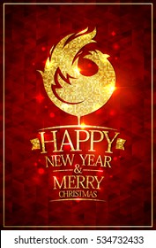 2017 happy new year and merry Christmas card with rich golden rooster and golden text against deep red mosaic backdrop 