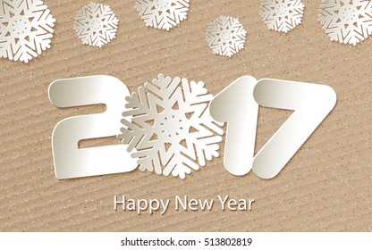 2017 Happy New Year. Numbers and snowflake cut from paper on cardboard background. Text Design. Calendar cover. Vector Illustration.
