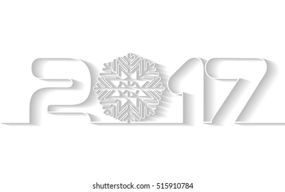 2017. Happy New Year.  Numbers and snowflake cut from paper. Vector Illustration. Paper white design with shadows. Text Design. Calendar cover. 