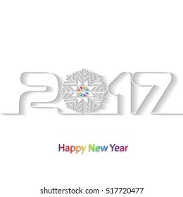 2017. Happy New Year.  Numbers and snowflake cut from paper. Vector Illustration. Paper white design with shadows. Text Design. Calendar cover. 