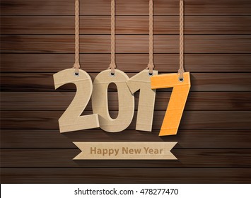 2017 happy new year paper hanging on wood texture background, Vector illustration layout template design