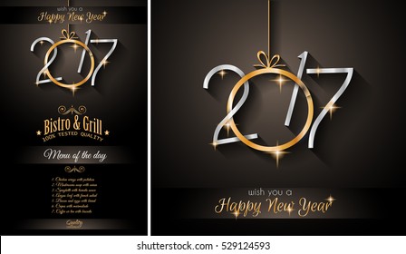 2017 Happy New Year Restaurant Menu Template for your Seasonal Flyers and Greetings Card or Christmas themed invitations backgrounds.