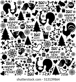 2017 Happy New Year! Seamless red pattern. Celebration white background with Christmas balls, Rooster, Christmas tree, gift box and stars. vector illustration