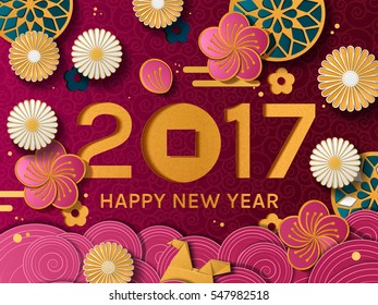 Plantilla de Año Nuevo Feliz 2017, marco decorativo de estilo de corte de papel floral