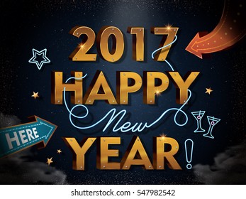 2017 Happy New Year template, celebrating new year poster with golden metal words and neon light decorations