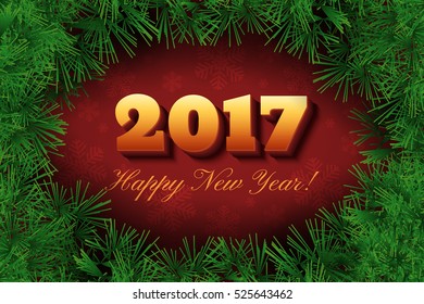 2017 Happy New Year text design. Vector new season festive background or banner with numbers and pine branches. Dark red holiday illustration