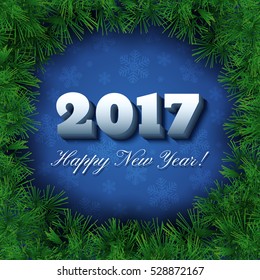 2017 Happy New Year text design. Vector new season festive background or banner with numbers and pine branches. Dark red holiday illustration