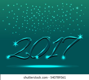 2017 Happy New Year  text design. Metallic text. Vector greeting illustration with shiny numbers and snowflakes. green blue color palette. 