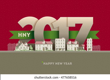 2017 Happy New Year in town. Vector greeting card design element. 