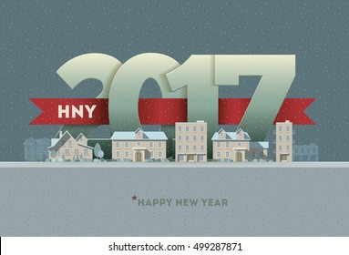 2017 Happy New Year in town. Vector greeting card design element.