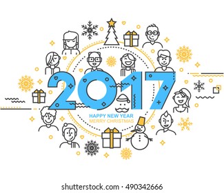 2017 Happy New Year trendy and minimalistic card or background.
Modern Thin Contour Line Design Concept. Flat, outline. Vector Illustration
Isolated on white background.
