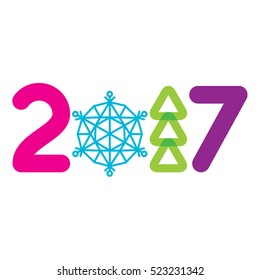 2017 Happy New Year. Vector illustration. Snowflake, christmas tree icons.