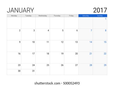 2017 January calendar (or desk planner), weeks start on Monday