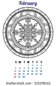 2017 January Calendar Planner Design. Mandala winter Christmas pattern with snowflake, vector illustration. Doodle Islam, Arabic, Indian, turkish, motifs. Coloring page for adult and kids book.