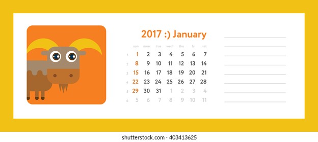 2017 january calendar - weekly planner with zodiacal (horoscopes) signs, flat funny illustration. Vector template with calendar grid and place for notes. Week start on sunday.