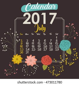 2017 july year calendar flowers floral garden planner month day icon. Colorful and Flat design. Vector illustration