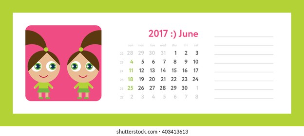 2017 june calendar - weekly planner with zodiacal (horoscopes) signs, flat funny illustration. Vector template with calendar grid and place for notes. Week start on sunday.