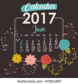 2017 june year calendar flowers floral garden planner month day icon. Colorful and Flat design. Vector illustration