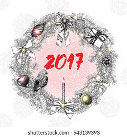 2017 lettering represent Happy new year 2017 holiday card text design in handdrawn festive frame with gifts.