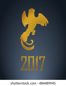 2017 Lunar New Year oriental greeting card design with gold Zodiac Signs - cock. Chinese Year of the Rooster 2017. Golden elements, vector illustration.